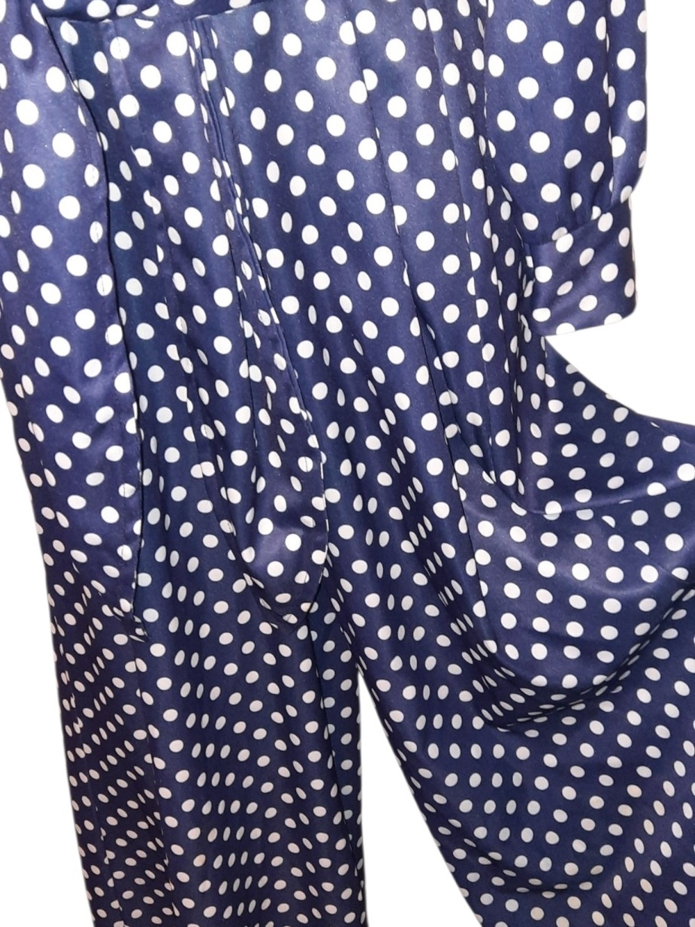 Vintage Women's Navy Polka Dot Long Sleeve Jumpsuit with Tie Waist - Picture 3 of 15